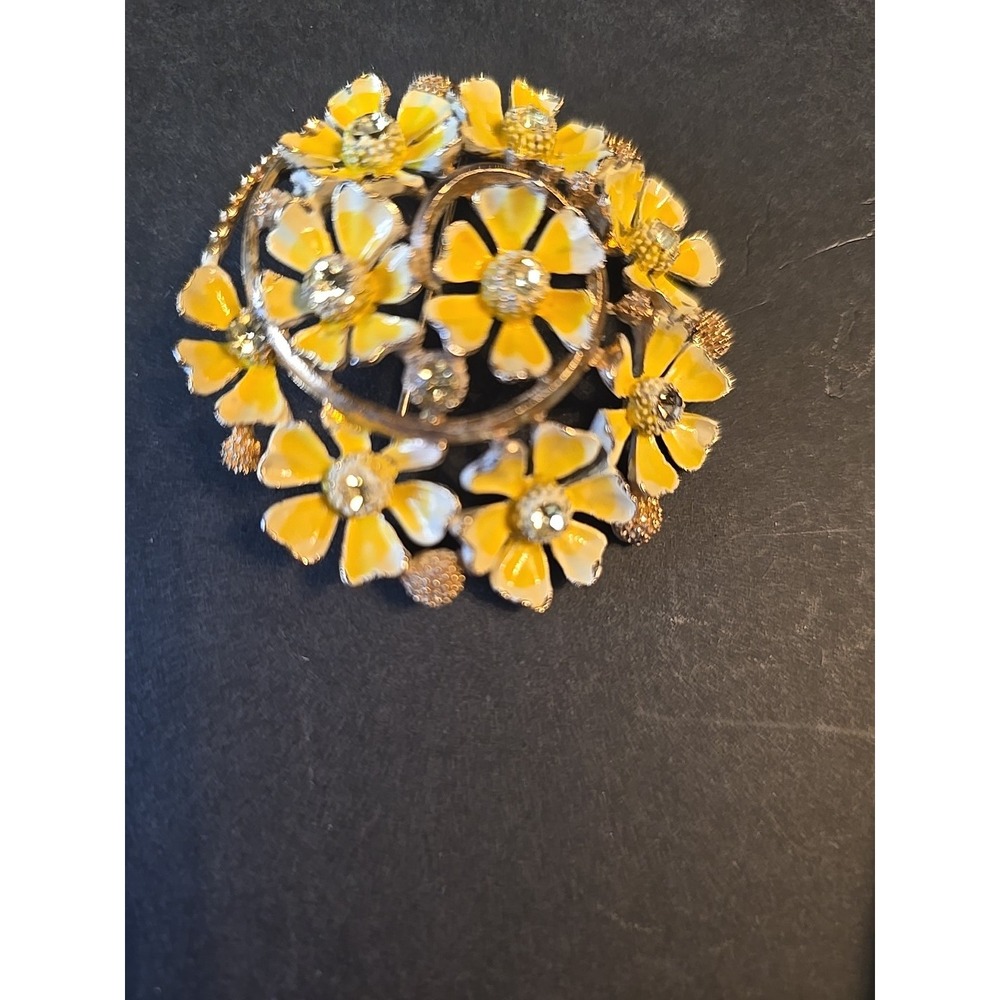 Vintage Pastel Yellow Flower Brooch With Yellow Rhinestones